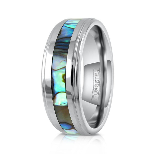 Silver tungsten carbide ring w/ abalone inlay & stepped edges | wholesale tungsten rings - wedding bands | upright photo