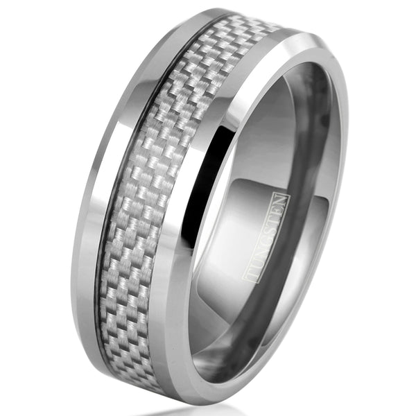 Polished silver tungsten ring w/ white faux carbon fiber inlay | Wholesale tungsten rings - wedding bands | White tilted photo