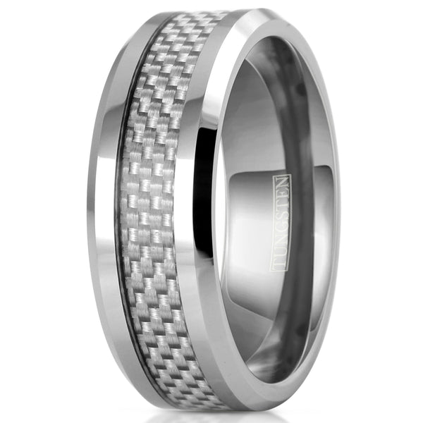 Polished silver tungsten ring w/ white faux carbon fiber inlay | Wholesale tungsten rings - wedding bands | White upright  photo