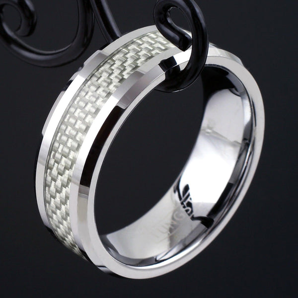 Polished silver tungsten ring w/ white faux carbon fiber inlay | Wholesale tungsten rings - wedding bands | Black photo