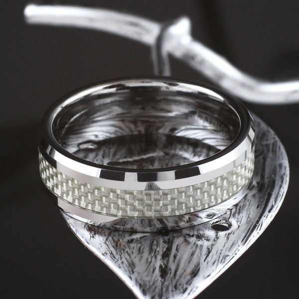 Polished silver tungsten ring w/ white faux carbon fiber inlay | Wholesale tungsten rings - wedding bands | Leaf photo