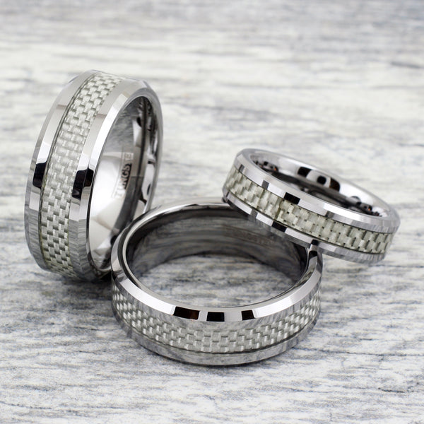 Polished silver tungsten ring w/ white faux carbon fiber inlay | Wholesale tungsten rings - wedding bands | Group photo