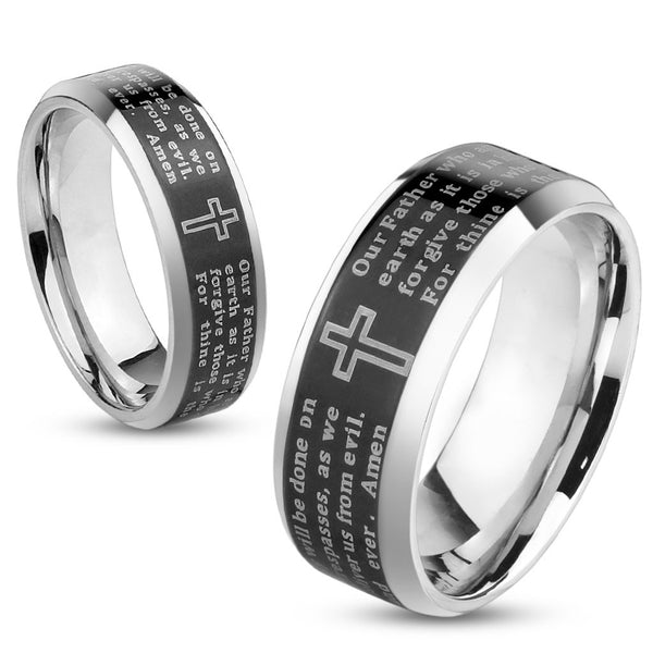 Stainless steel ring with lord's prayer engraved black band | Wholesale stainless steel rings - Jewelry | Large photo