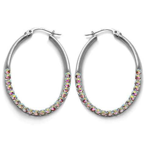 Gorgeous Rainbow Crystal Oval Hoop Earrings in 40mm | Wholesale Sterling Silver Jewelry | Main
