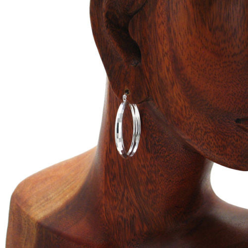 Grand Rectangle Faceted Round Hoop Earrings in 32mm | Wholesale Sterling Silver Jewelry | Alternate