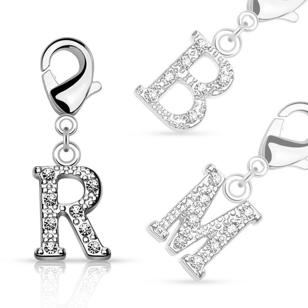 Radiant Rhodium Finish Initial Charm with Sparkly CZs | Wholesale 316L Stainless Steel Jewelry