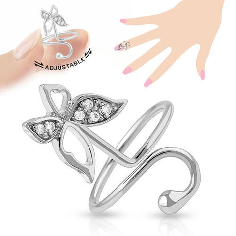 Adjustable Rhodium Plated Brass Butterfly Nail-Ring with CZs