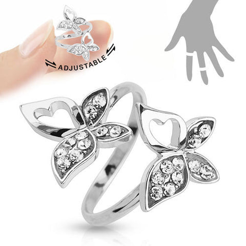 Rhodium plated brass double butterfly mid-ring with CZ accents | Wholesale 316L Stainless Steel Jewelry 