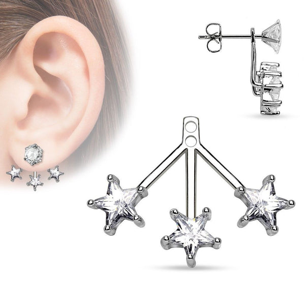 Rhodium plated brass three stars earring jacket w/ star cut CZs | Wholesale Fashion Jewelry & Accessories | Large photo