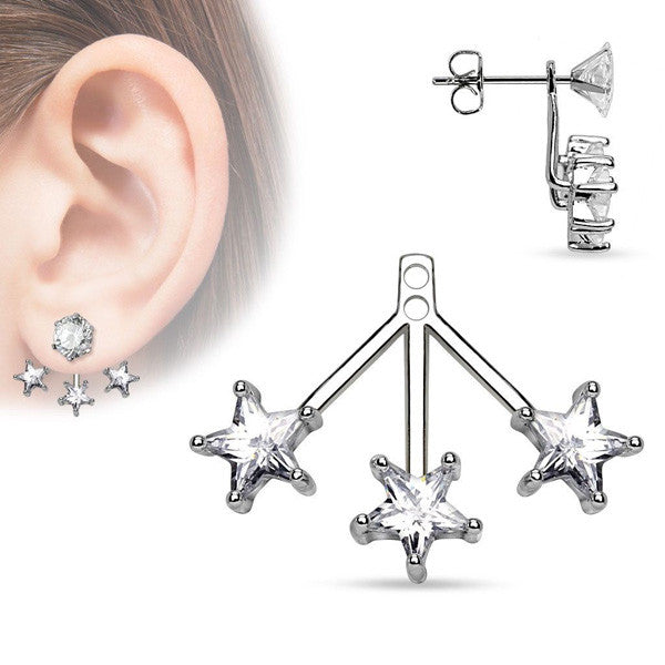 Rhodium plated brass three stars earring jacket w/ star cut CZs | Wholesale Fashion Jewelry & Accessories | Small photo