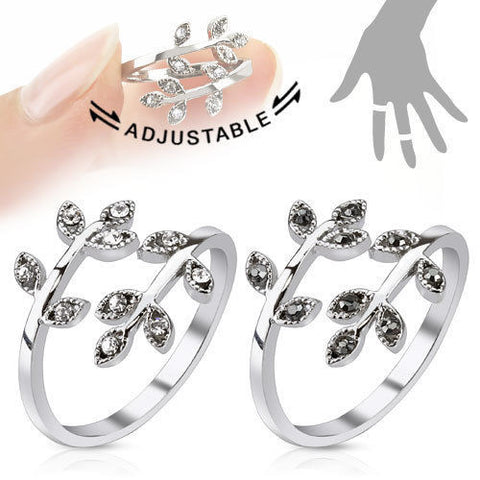 Adjustable Rhodium Plated Brass Leaves Mid-Ring/Toe Ring with CZs | Wholesale 316L Stainless Steel Jewelry |