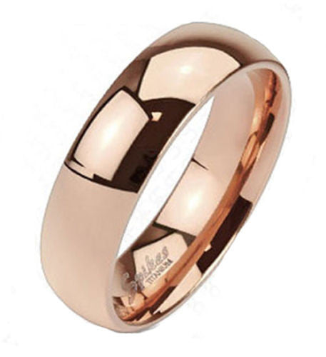 Modern Classic Ion Plated Rose Gold Polished Titanium Band Style Ring. Available in 4mm and 6mm. Couple Ring