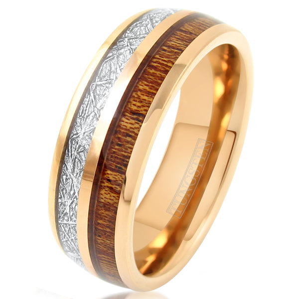 rose gold low dome tungsten carbide band ring w/ koa wood & faux meteorite inlays | white tilt photo