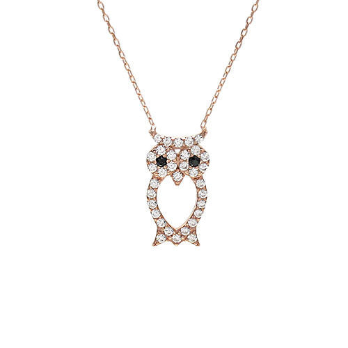Luxurious Sterling Silver Owl Pendant Necklace with CZs. Available in 3 Colors.