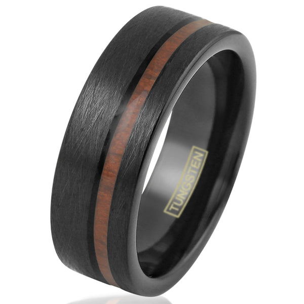 Distressed black flat band tungsten ring w/ off center Koa wood inlay | Wholesale tungsten rings - wedding bands | White photo