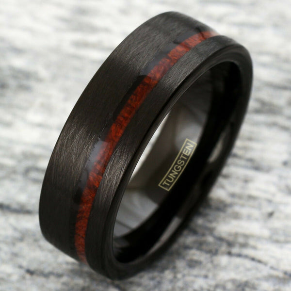 Distressed black flat band tungsten ring w/ off center Koa wood inlay | Wholesale tungsten rings - wedding bands | Marble photo