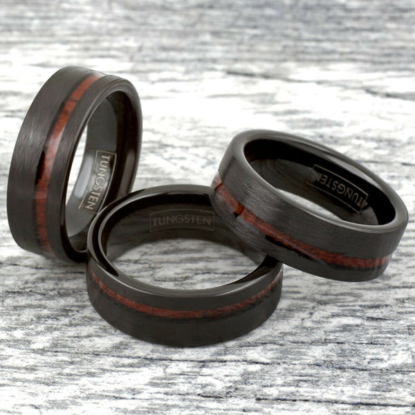Distressed black flat band tungsten ring w/ off center Koa wood inlay | Wholesale tungsten rings - wedding bands | Group photo