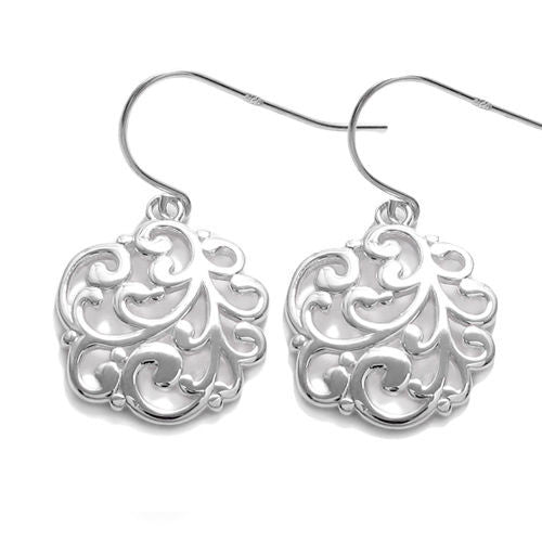 Round fern frond filigree hanging earrings | Wholesale 925 Sterling Silver Jewelry | Item photo