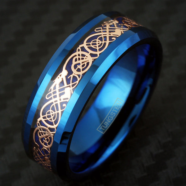 Gorgeous Royal Blue Tungsten Flat Band Ring with Rose Gold Celtic Dragon on Sapphire Blue Faux Carbon Fiber Inlay.
