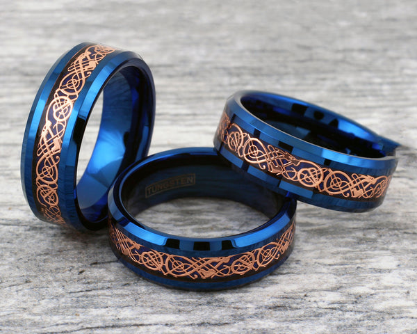 Gorgeous Royal Blue Tungsten Flat Band Ring with Rose Gold Celtic Dragon on Sapphire Blue Faux Carbon Fiber Inlay.