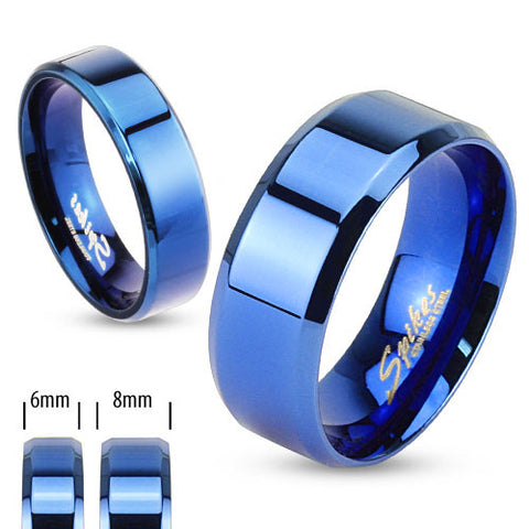 Flat beveled stainless steel rings in royal cobalt blue | Wholesale Jewelry | Wedding Bands