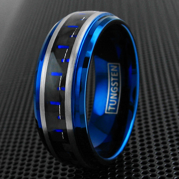 Blue tungsten ring w/ black & blue carbon fiber inlay | Wholesale tungsten rings - wedding bands | Alternate photo
