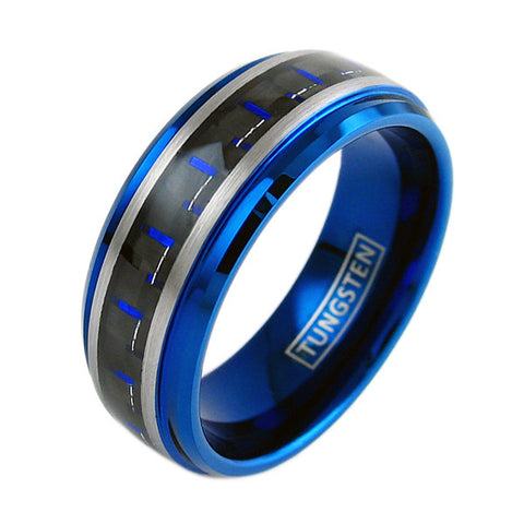 Blue tungsten ring w/ black & blue carbon fiber inlay | Wholesale tungsten rings - wedding bands | Diagonal photo