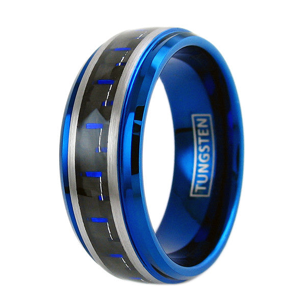 Blue tungsten ring w/ black & blue carbon fiber inlay | Wholesale tungsten rings - wedding bands | Upright photo