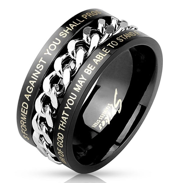 Stainless Steel Ring with Spinning Cuban Chain Band and Laser Engraved Isaiah 54:17 and Ephesians 6:11 Bible Verses.