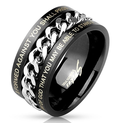 Stainless Steel Ring with Spinning Cuban Chain Band and Laser Engraved Isaiah 54:17 and Ephesians 6:11 Bible Verses.