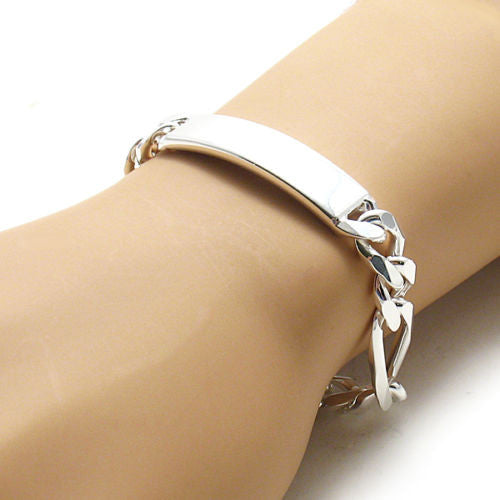 11mm (300 Gauge) Figaro chain ID bracelet w. engravable plate | Wholesale 925 Sterling Silver Jewelry | Alternate photo