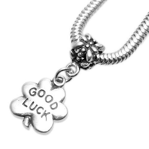 "Good Luck" Shamrock Charm with Euro Bead in Sterling Silver
