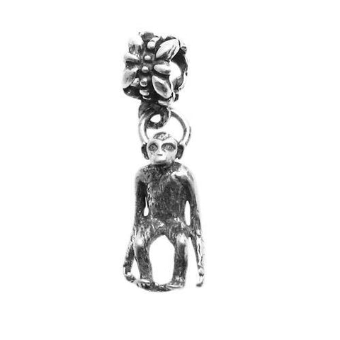 Monkey Euro Bead Charm in 3D Sterling Silver.