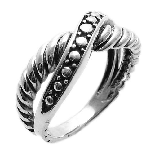Crossover ring with two distinct bands, one beaded, one shrimp. Wholesale Sterling Silver Rings. Main photo.