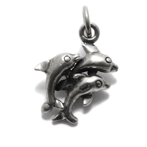 Dolphins in Mid-Jump Charm in 3D Sterling Silver.