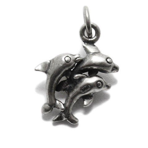 Dolphins in Mid-Jump Charm in 3D Sterling Silver.