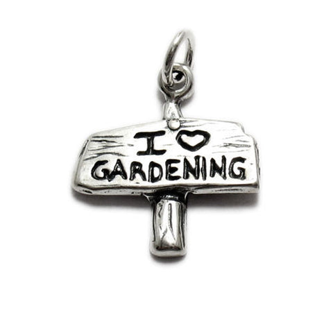 "I Love ❤ Gardening" Sign Post Charm. Sterling Silver