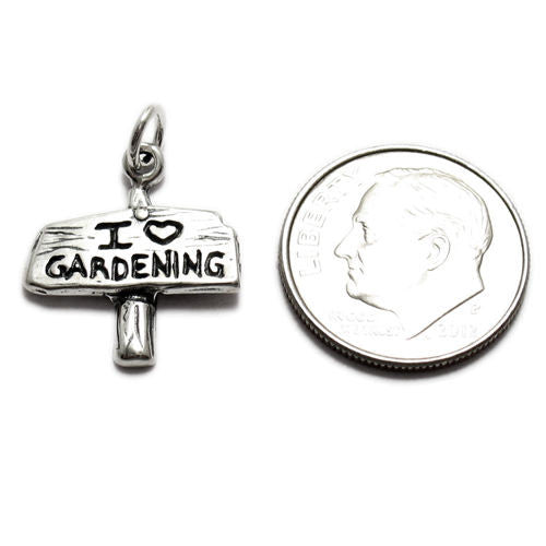 "I Love ❤ Gardening" Sign Post Charm. Sterling Silver