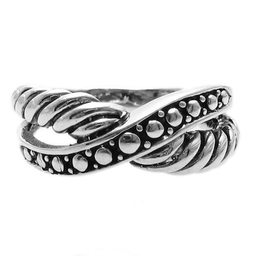 Crossover ring with two distinct bands, one beaded, one shrimp. Wholesale Sterling Silver Rings. Front view.