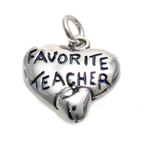 "Favorite Teacher" on Heart & Apple Charm. Sterling Silver