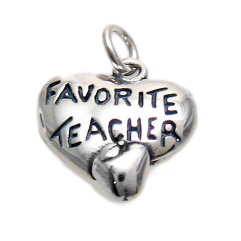 "Favorite Teacher" on Heart & Apple Charm. Sterling Silver