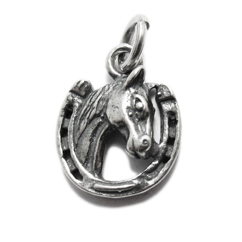 Horse's Head in Horseshoe Charm in Sterling Silver.