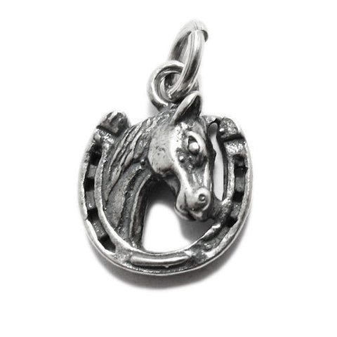 Horse's Head in Horseshoe Charm in Sterling Silver.
