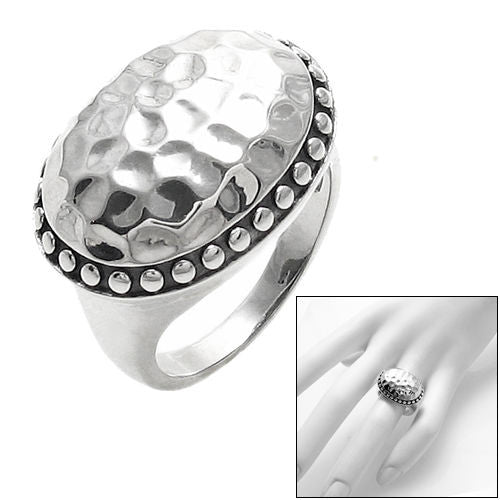 Wide Oval Button Ring in Hammered Finish with Beaded Border. Wholesale Sterling Silver Rings. Combo photo.