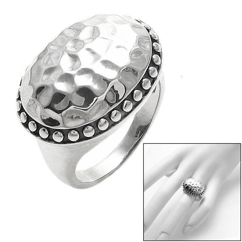 Wide Oval Button Ring in Hammered Finish with Beaded Border. Wholesale Sterling Silver Rings. Combo photo.