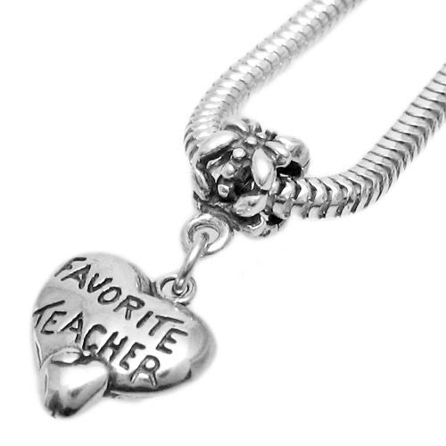 "Favorite Teacher" on Heart & Apple Charm with Euro Bead. Sterling Silver