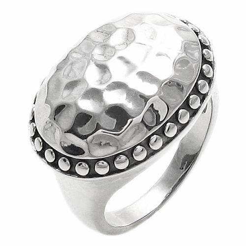 Wide Oval Button Ring in Hammered Finish with Beaded Border. Wholesale Sterling Silver Rings. Diagonal photo.