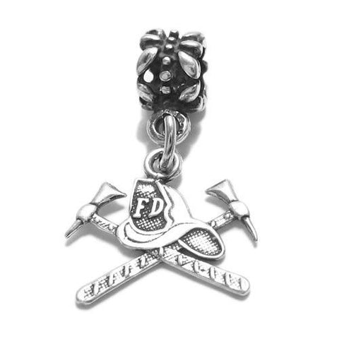 Firefighter Charm with Euro Bead. Sterling Silver