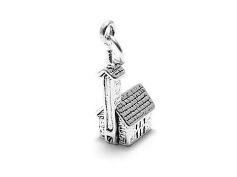 Church with Tall Steeple Charm in 3D. Sterling Silver