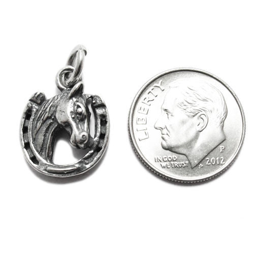 Horse's Head in Horseshoe Charm in Sterling Silver.